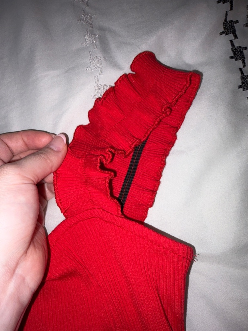 Francesca's Collections Red Ribbed Ruffle-Strap Bodysuit - Picture 2 of 5